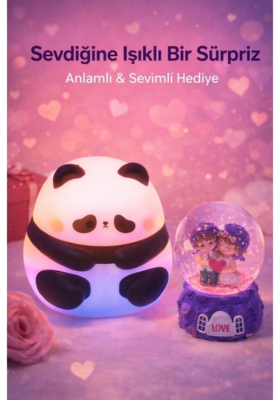 2 Li Sevgiliye Romantik Hediye Seti Slikon Panda Renkli Led Gece Lambası Ve 9 Cm Mor Kar Küresi Set Set