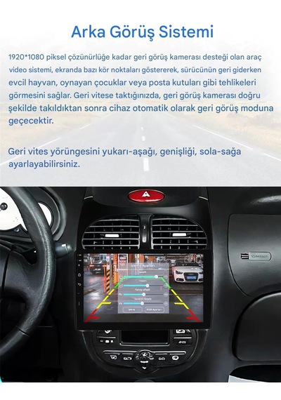 Peugeot 206 1999-2010 Android Navigasyon Multimedya Tesla Ekran Android Teyp Double Teyp 4gb Ram 32gb Hafıza Kablosuz Carplay Android Auto 9"
