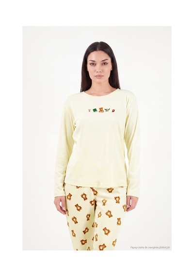 Lela Desenli Yumuşak Dokulu Uzun Kollu Pijama Takımı Kadın Pijama Takımı 6575016 Sarı sari
