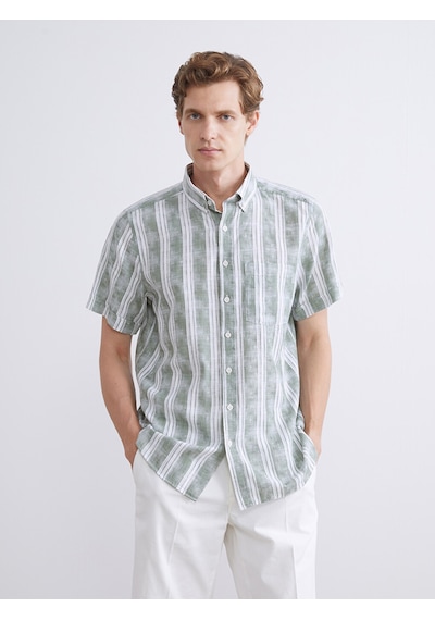 Lcwaıkıkı Classic Yeşil Regular Fit Kısa Kollu Çizgili Poplin Erkek Gömlek