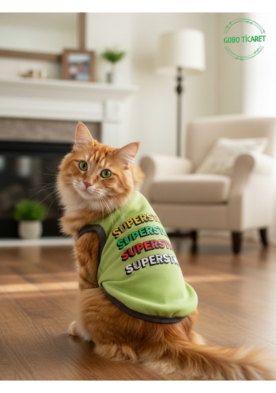 Yeşil Superstar Yazılı Kedi Ve Köpek Kıyafeti Tişörtü Elbisesi Large/l/beden 3