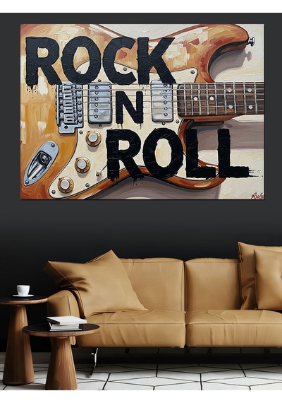 Rock And Roll Yazılı Elektrogitar İllüstrasyonu Dekoratif Kanvas - Mdf Ahşap Tablo