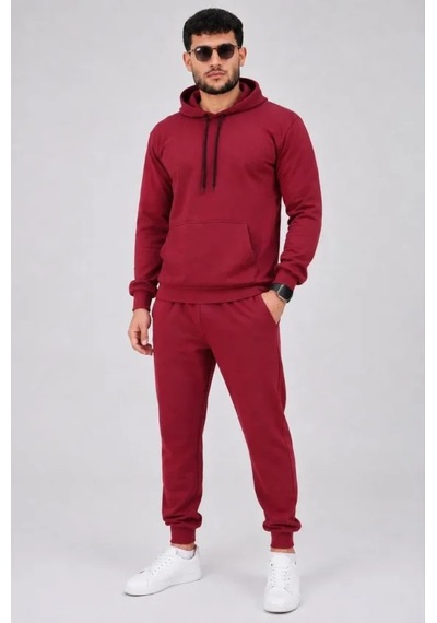 Erkek İki İplik Kapüşonlu Kanguru Cepli Sweatshirt Jogger Pantolon Alt Üst Eşofman Takımı -bordo