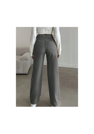 Kene Jeans Yüksek Bel Gri Keten Bol Paça Tam Kalıp Pantolon Gri