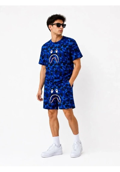 Efnaz Style Erkek Oversize Kalıp Pubg Bape X Shark Nakışlı Cepli Şort Takım - Mavi