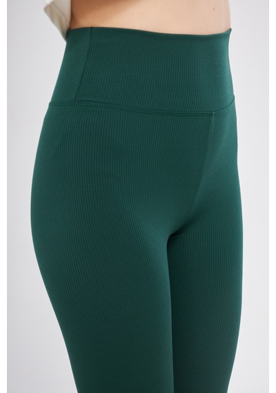 Thıff Gymwear Haki Yüksek Bel Fitilli Toparlayıcı Interlok Örme Spor Dar Paça Kadın Tayt Zümrüt Yeşil