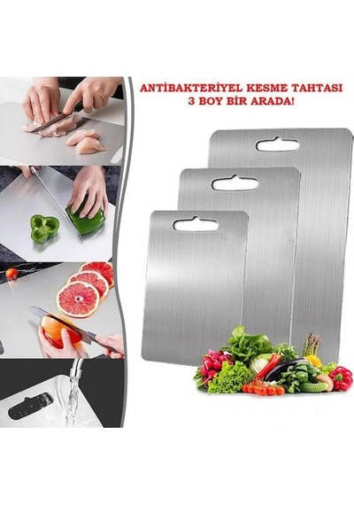 3 Adet Paslanmaz Çelik Kesme Tahtası Seti Gıda Temasına Uygun Antibakteriyel 3'lü Sağlıklı Metalik