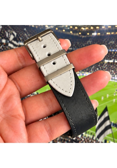 Goldoni Apple Watch Uyumlu Siyah Beyaz Hakiki Deri Taraftar Kordonu Metal Köprülü
