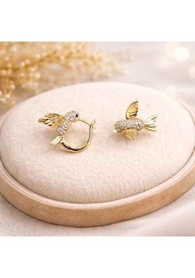 Taşlı Kuş Figürlü Gold Küpe Gold