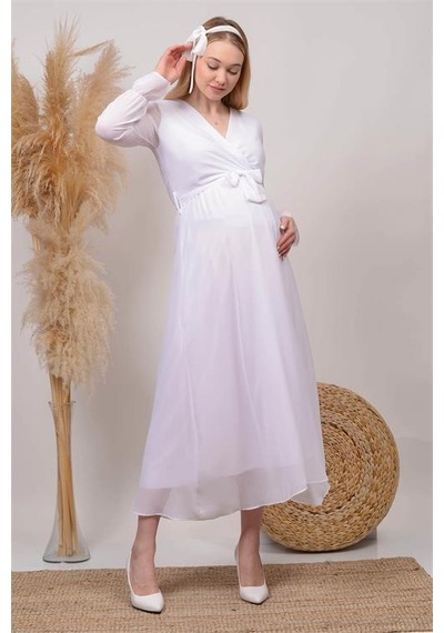 Dip Moda Kadın Beyaz Baby Shower Şifon Hamile Elbise Dphml003 BEYAZ