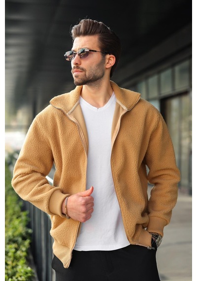 Madmext Bej Fermuarlı Dik Yaka Erkek Polar Hırka E7166 Bej