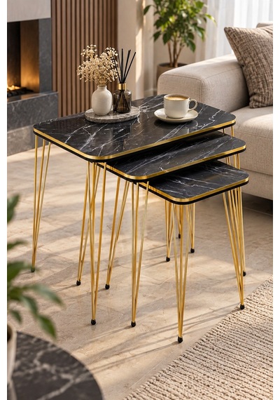 Sulorahome Siyah Mermer Desenli Gold Bendir Tel Zigon Sehpa Seti