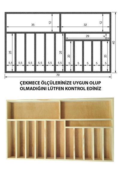 Ahşap Kaşıklık 70x40 Cm. Mutfak Çekmecesi Kaşıklık Ve Servis Gereçleri Düzenleyici
