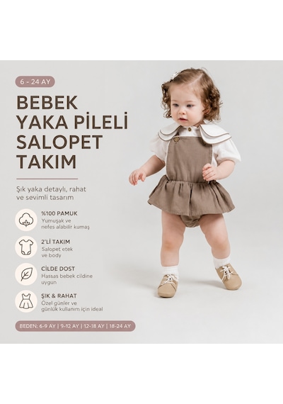 Pufien Kız Bebek Yaka Pileli Salopet 2 Li Takım 1-4 Yaş Kahverengi