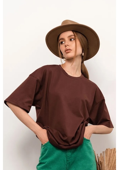 Uyguntarz Unisex Pamuklu Oversize Basic Tshirt Kahverengi