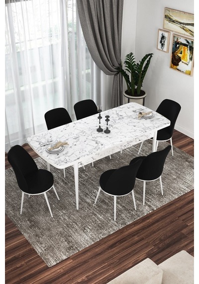 Canisa Kor Serisi, Beyaz Mermer Desen 70x114 Açılabilir Yemek Masa Takımı,6 Siyah Sandalye Masa Beyaz Mermer Desenli Sandalyeler Siyah Canisa Kor Serisi, Beyaz Mermer Desen 70x114 Açılabilir Yemek Masa Takımı,6 Siyah Sandalye Masa Beyaz Mermer Desenli Sandalyeler Siyah