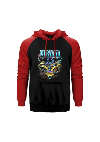 Nirvana Poster Kırmızı Renk Reglan Kol Kapşonlu Sweatshirt Kırmızı