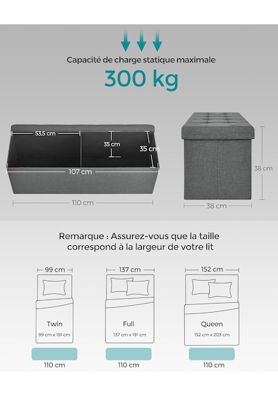 Songmıcs Tabure, Saklama Alanı, Sandık, Saklama Kutusu, Katlanabilir, Maks. Statik Yük 300 Kg, Bölücü, 120 Litre, Genel