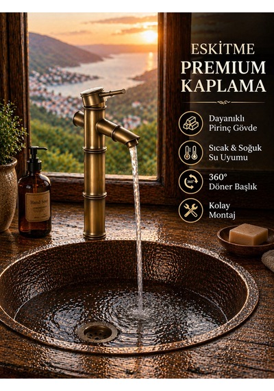 Lüx Premium Eskitme Detaylı Çanak Lavabo Bataryası Bakır