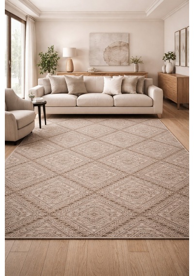 Bohem Etnik Desenli Bej Kahve Halı Modern Oturma Odası Dekoratif Kaymaz Taban Halı Fch 30985 Kahve