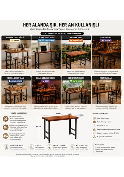 Masif Bar Masası 85 Cm Yüksek Metal Profil Ayaklı Mutfak Yemek Kafe Bistro Çalışma