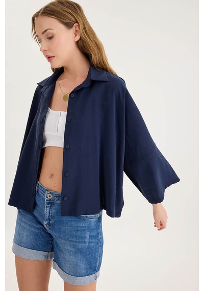 Vitrin Düşük Omuz Oversize Crop Gömlek Lacivert