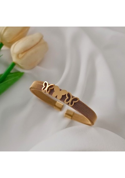 Lente Aksesuar Gold Renk Çelik Hasır Kelepçe Bilezik Üçlü Kelebek Figürlü Ayarlanabilir Model Altın - Çelik Lente Aksesuar Gold Renk Çelik Hasır Kelepçe Bilezik Üçlü Kelebek Figürlü Ayarlanabilir Model Altın - Çelik