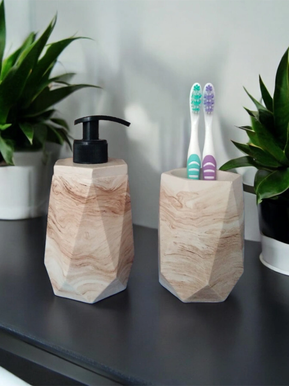 Marble Bej Sıvı Sabunluk Ve Diş Fırçalık Bej