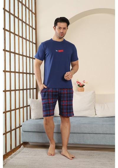 Seboteks %100 Pamuklu Kısa Kollu Cepli Erkek Şortlu Pijama Takımı 2015 İndigo