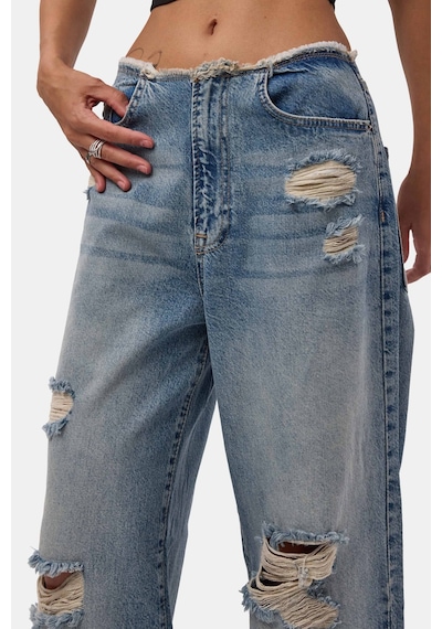 it's basic Kadın Kot Rengi 12s6-32 Straight Fit Yırtık Detaylı Tasarım Denim Jean Mavi