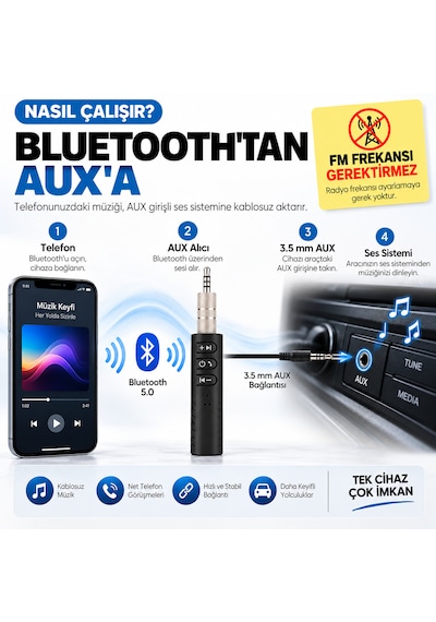 Bluetooth Aux Araç Kiti 5.0 3.5 Mm Adaptör Type-c Şarjlı Mikrofonlu