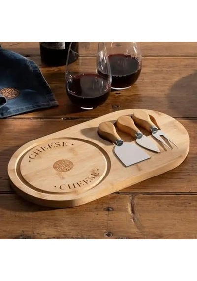 Bambu Peynir Sunum Tabağı, 3 Parça Peynir Bıçağı Ve Çatalı Seti, Toplam 4 Parça, Doğal Ve Şık Peynir Tabağı, Kaliteli Sunum Seti 34x20 Cm Ebatlarında Açık Bej