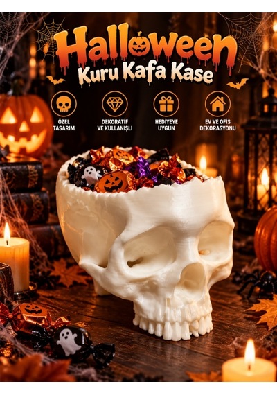 Halloween Cadılar Bayramı Dekoratif Kuru Kafa Şekerlik Kase Masa Üstü Dekor
