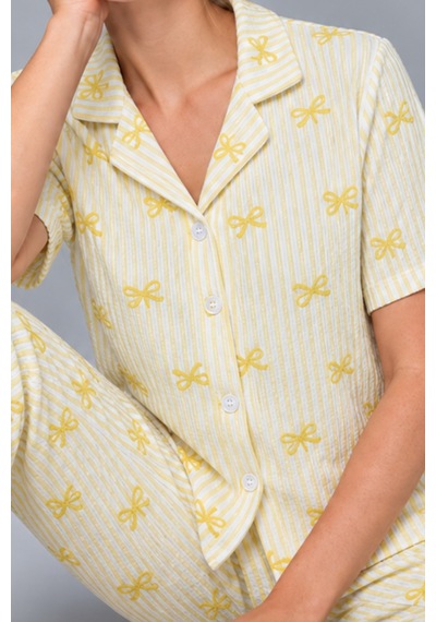 Kadın Gömlek Yaka Desenli İkili Sarı Pijama Takımı 4795