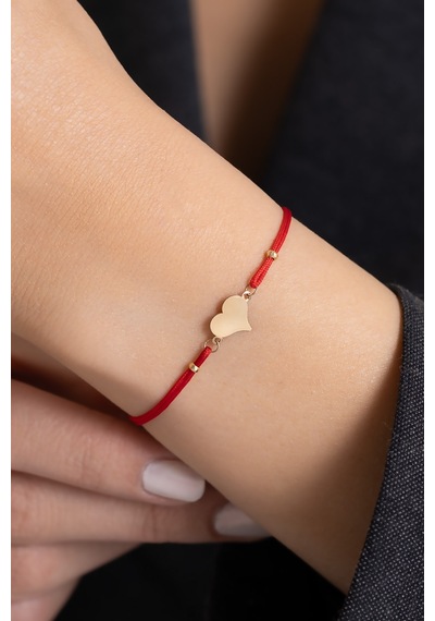 14 Ayar Altın Kalpli Kırmızı İpli Bileklik Sarı Altın