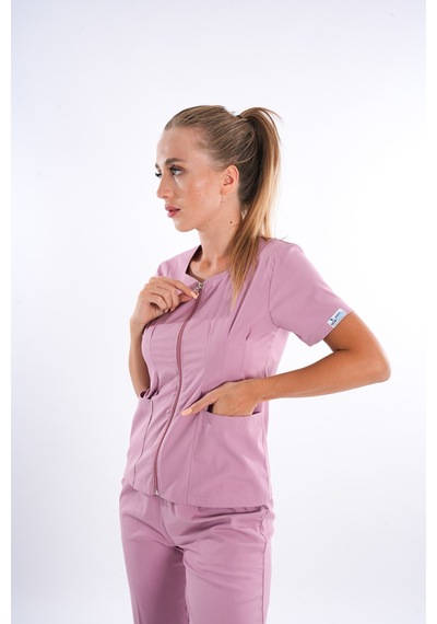 Pudra Renk Lily Model Fermuarlı Soft Likra Doktor, Hemşire Cerrahi Üniforma Takım Pudra Pudra