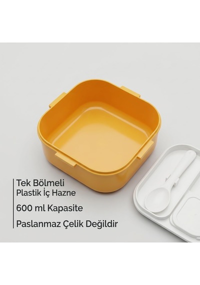 600 Ml Yemek Kabı, 4 Bölmeli Kilitli Lunch Box, Kaşık Dahil Renkli Desenli Saklama Ve Taşıma Kabı, 14x14x8 Cm Çok Renkli