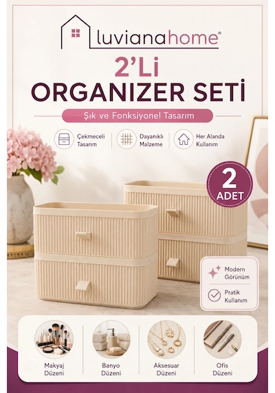 Çekmeceli Xl Makyaj Takı Kozmetik Parfüm Krem Serum Düzenleyici 2'li Organizer Çok Renkli