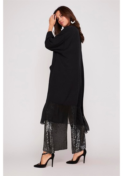 Bohem Stil Italyan Ipek Detaylı Oversize Kaftan & Bluz-8711 Siyah