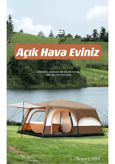 Büyük Uzay Kamp Çadırları 8-10 Kişi Çift Kat 1 Oda 1 Oturma Odası Kamp Çadırı 380 260 200 Cm Kahverengi