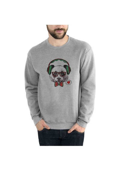 Panda Baskılı Gri Erkek Örme Sweatshirt (530943069)