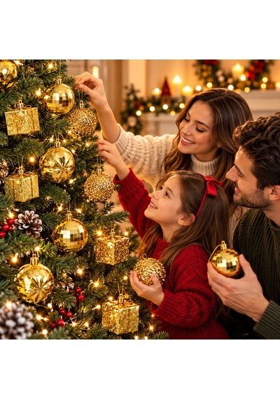 Bakgelal 16 Parça Lüks Gold Yılbaşı Ağaç Süsü Seti - 12 Adet 6 Cm Parlak / Prizmatik Top Süs & 4 Adet 6 Cm Hediye Paketi Küp Süs - 9058202780405