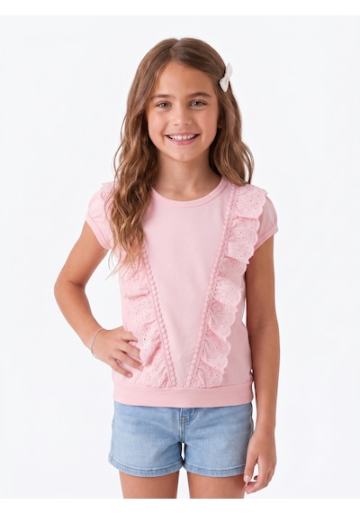 Onloox Kız Çocuk Pembe Kız Çocuk Pembe Pamuklu Penye Bisiklet Yaka Regular Kalıp Güpürlü Kısa Kol Tişört 1.5-5 Yaş