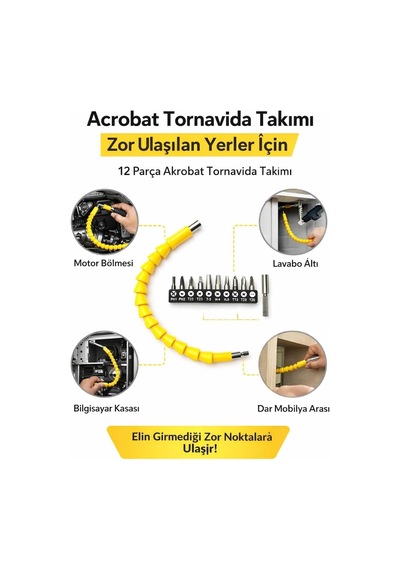 Matkap Ucu Akrobat 12 Parça Bit Seti Esnek Mil, Kalıcı Mıknatıs, 10 Adet Bit, Krom Vanadyum, A