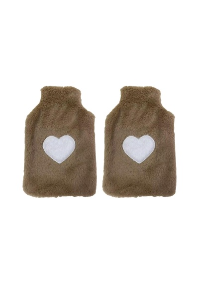 2 Adet Sıcak Su Torbası Peluş Kalpli,bej Termofor 27x17cm 1 Litre Bej
