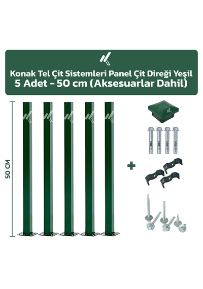 5 Adet Panel Çit Direği 50 CM Yeşil + Aksesuarlar