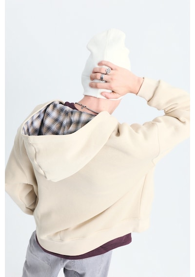 Vamos Boxy Fit Fermuarlı Kapüşonlu Sweatshirt V70-245 Bej