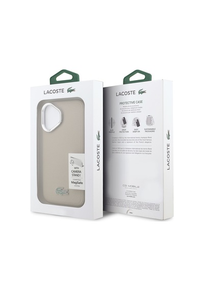 Apple Uyumlu iPhone 17  Kılıf Lacoste Lisanslı M-safeli Pu Pike Desenli Standlı Metal Logolu Kapak Bej Bej