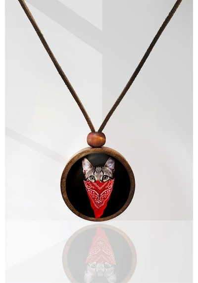 Maskeli Kedi Ahşap Kolye N11.29156 Gümüş