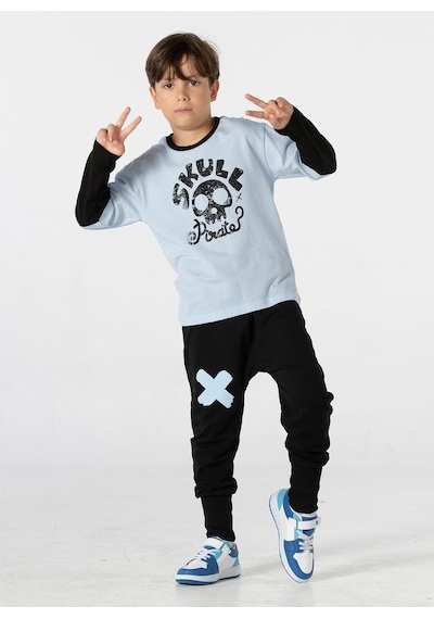 Casabony Skull Pirate Oversize T-Shirt + Baggy Pantolon Takım-Mavi